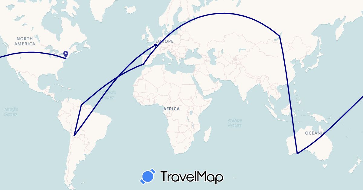 TravelMap itinerary: driving in Australia, France, Portugal, Russia, United States (Europe, North America, Oceania)